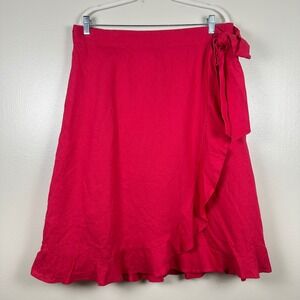 CJ Banks Women's 1X Wrap Skirt Red Ruffle Hem Linen Blend Side Tie Knee Length